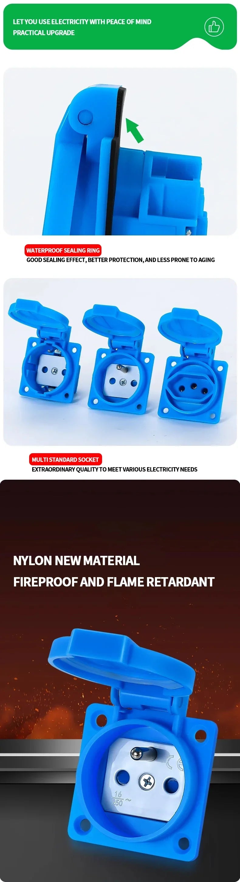 250V/16A Steckdosen IP54 Wasserdichter Industrieanschluss Panelmontage Außensteckdose 2Pin Adapter UK/EU/BR/Französisch/Deutsch.