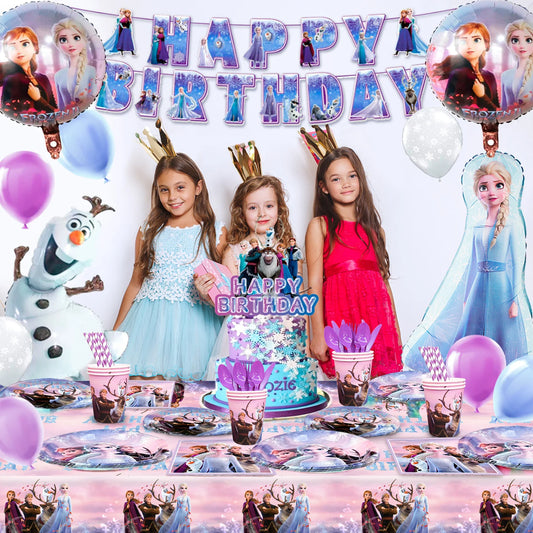 Disney Frozen Geburtstagszubehör, 184 Stück Frozen Birthday Dekorationen und Geschirr-Set – Tellerballons, Banner usw. Frozen Party Decorati.