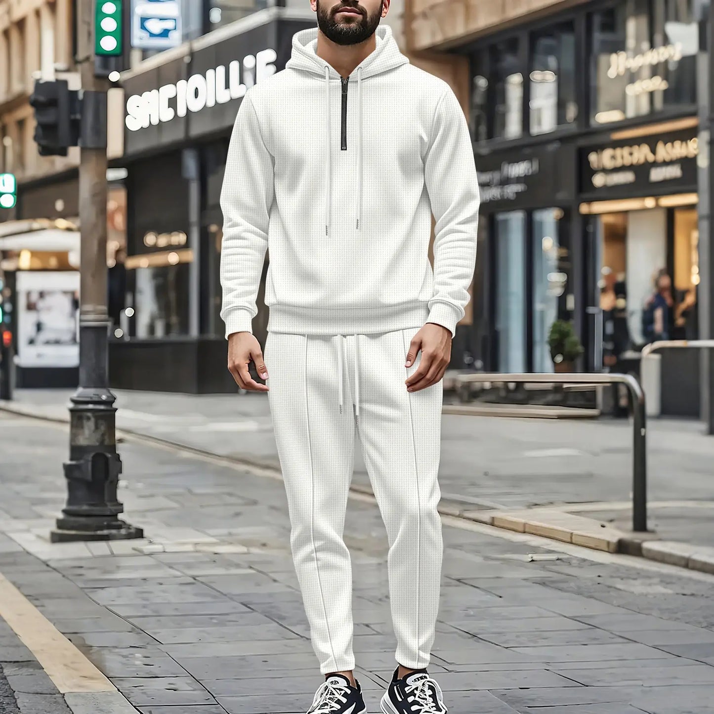 Men's Autumn Waffle Solid Color Hooded Half-Zipper Drawstring Long-Sleeved Sweatshirt And Long Pants Set Casual Comfortable Outf.