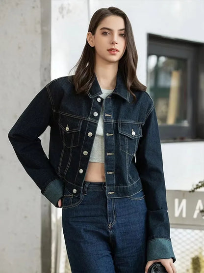 HH Women Vintage Denim Jacket Pant Sets Single Breasted Lapel Long Sleeve Coat Wide Leg Trousers Jeans High Street Outfits.