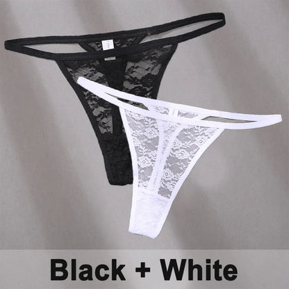 2PCS Sexy Lace Cotton Panties for Women G-String Underwear Perspective Thongs Solid Color Underpants Female Intimates Lingerie.