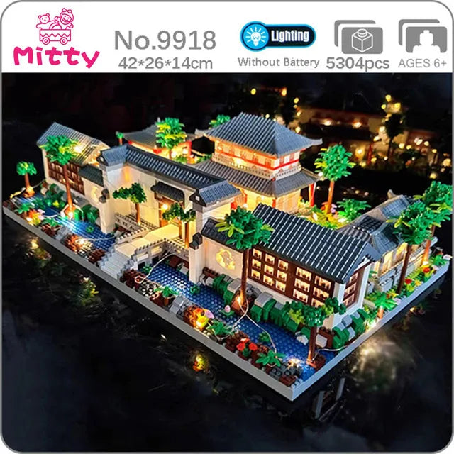 Lezi Architecture Ancient Pavilion Temple Tower Lake Garden Gate LED Light Model Mini Diamond Blocks Bricks Building Toy no Box.