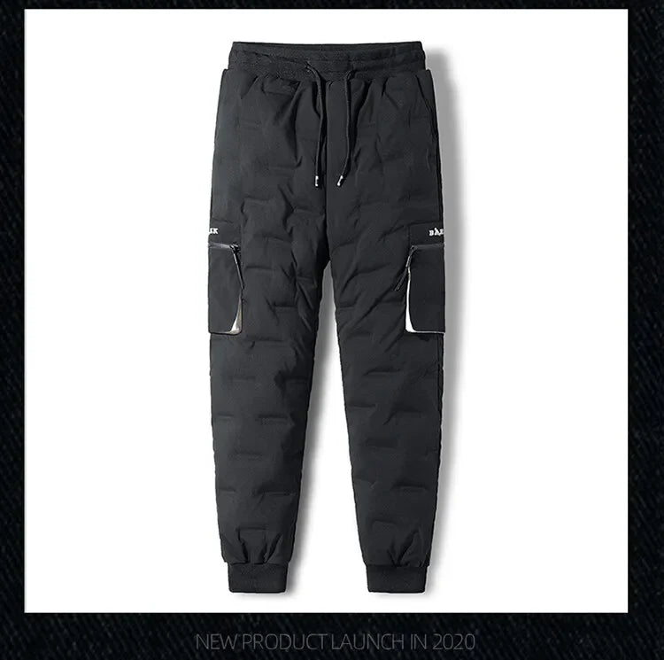Men's Winter Pants Duck Down Padded Pants Thick Warm Black Loose Jogger Windproof High Waist Elastic Thermal Down Trouser Male