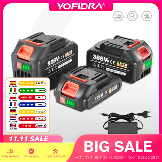 YOFIDRA 18–20 V wiederaufladbarer 22500 mAh 928 VF 388 VF 128 VF Plus Lithium-Ionen-Akku für 21 V 18 V Elektrowerkzeug-Ersatzakku