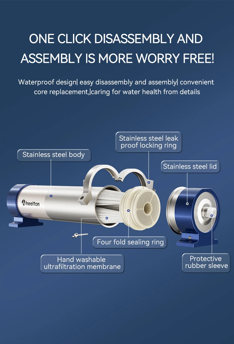 Wheelton whole house high flow water filter purifier 1000L-3000L SUS304 mineral water filter Reusable 0.01um PVDF for 5 years