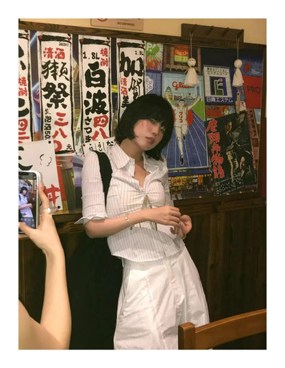 Genayooa Korean Style Casual Shirt Women Three Quarter Striped Shirts 2000s Japanese Y2k Vintage Tops Slim Retro Shirts Summer.