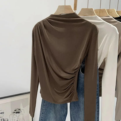 Early Autumn Pure Color High Neck Pleated Slim Fit Sexy Base Shirt Women's Fashionable Crew Neck T-shirt Full Sleeve China Origi