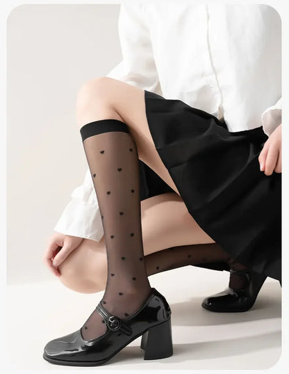 Women's Mid-calf Thin Transparent Stockings Summer Leggings Pure Desire Style Black White Color Half-Transparent Long Tube Socks
