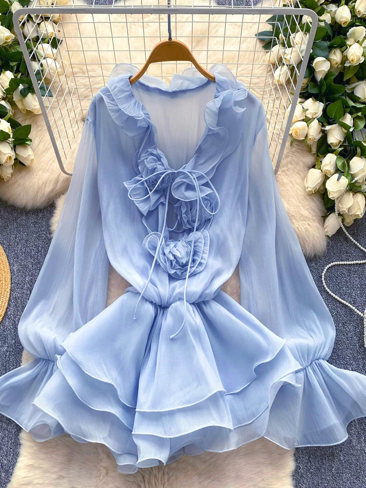 SINGREINY 3D Floral Strand Kurzes Kleid Weibliche Lange Ärmel Spitze Up Rüschen Chiffon Kuchen Sommerkleid Sheer Sexy Vintage Bohemian Kleid.