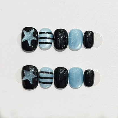 10pcs Short Oval Shaped Press-On Nails - Color Block Stripes & Star Designs Glossy Mix-and-Match False Nails for Women and Girls.