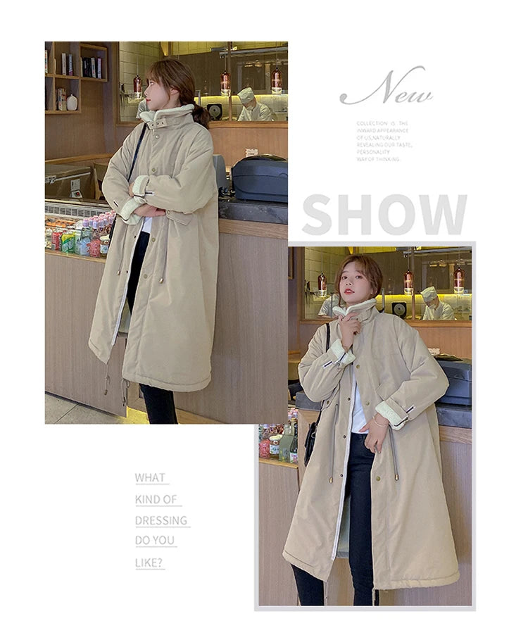 Daunen-Baumwoll-Parkas-Jacke für Damen, mittellang, über dem Knie, 2025, neue koreanische lockere Mode, Winter, gepolstert, weiblich, verdickt.