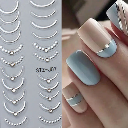 French Tips Nail Sticker 5D Embossed Crystal French Nail Decals Gold Silver Black Line Design Adhesive Slider Nails Art.