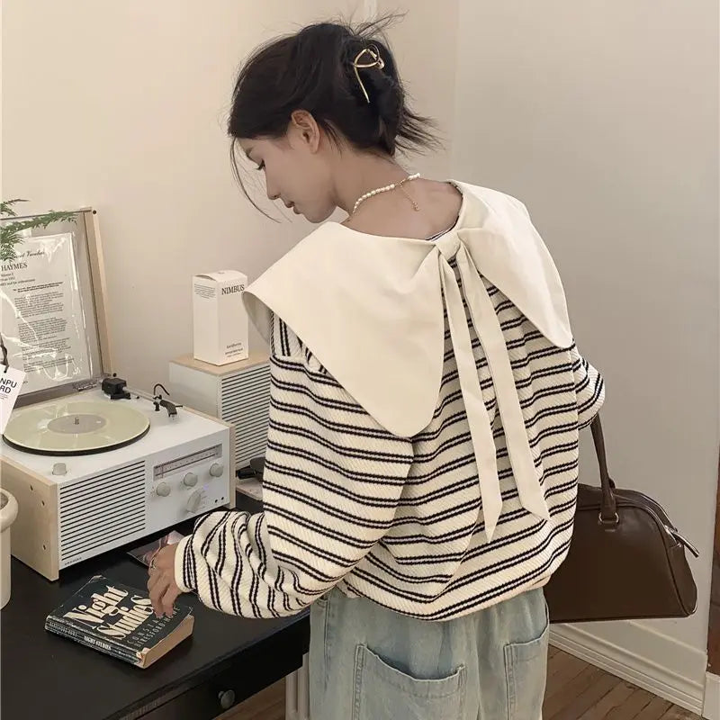 Oversized New Women Clothing Korean Patchwork Peter Pan Collar Sweatshirts Female Casual Striped Long Sleeve Loose T-Shirts Tops.