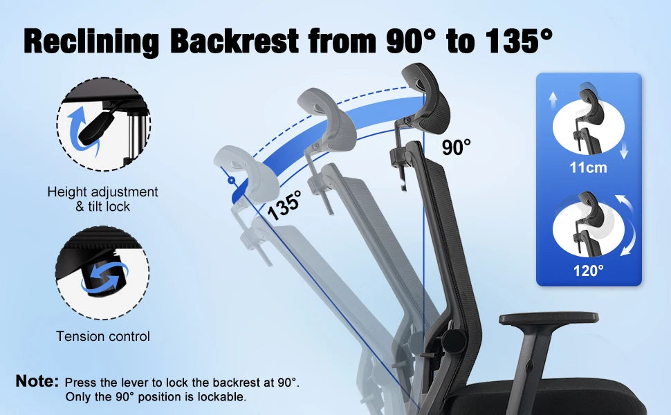 AUTHMIC Ergonomischer Bürostuhl aus Netzstoff, verstellbarer, drehbarer Computer-Schreibtischstuhl mit Liegestuhl 90er ° -135 Lordosenstütze für das Heimbüro