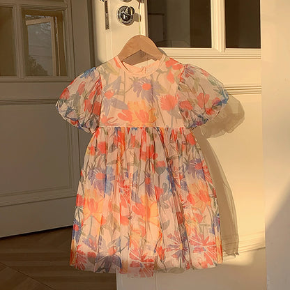2023 sommer Kinder Kleidung Puff Sleeve Blumen Druck Kleid Für Mädchen Mesh Kinder Kleid für Mädchen.