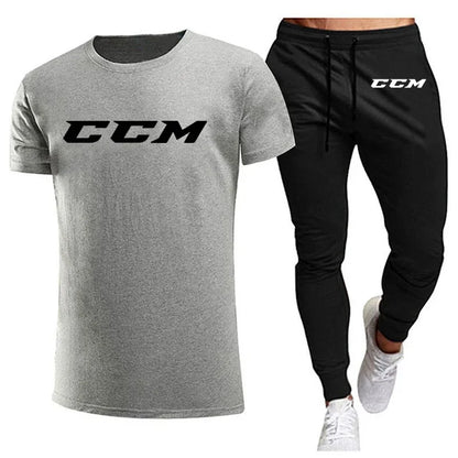 CCM New Men's Tracksuits summer men's sets fitness wear short-sleeved T-shirts+trousers set cotton brand Men's clothing.
