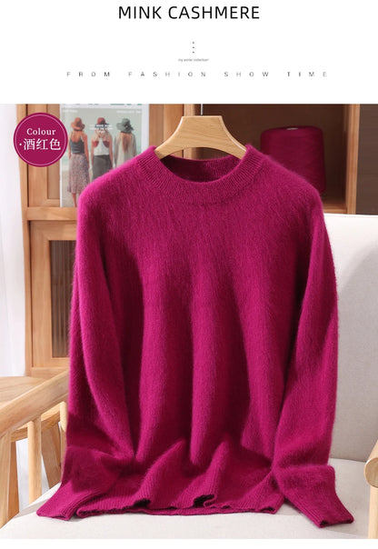 Women's Round-neck Mink Cashmere Sweater Soft Pullover Jumper Comfortable Knitted Top for Autumn Winter Pure Mink Material