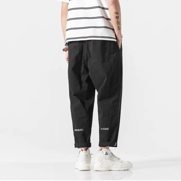 100% Cotton Casual Summer Pants With Belt Men Straight Baggy Ankle-Length Cargo Trousers Wide Leg Sweatpants Male Streetwear.