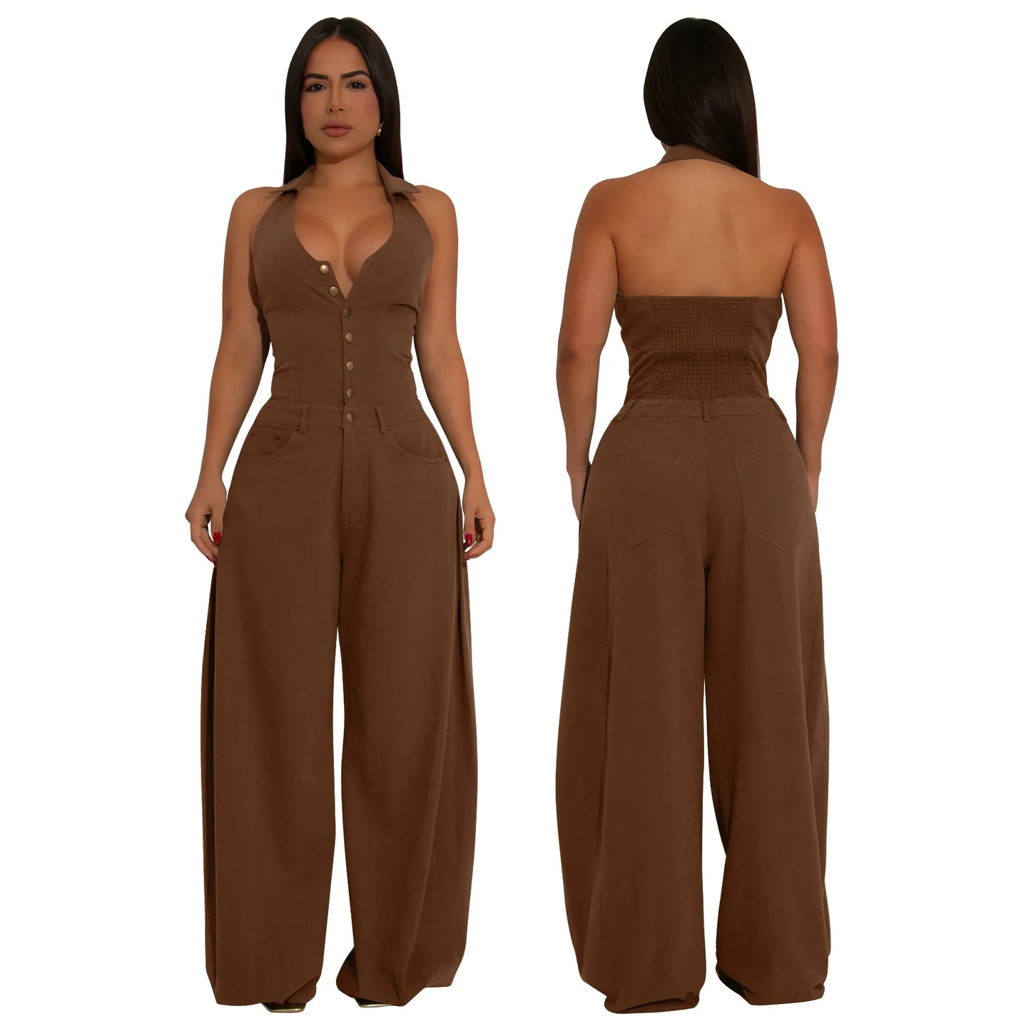 Fashionable Backless Casual Romper with Pockets for Women Summer Breathable Lightweight Solid Color One-Piece Suit.