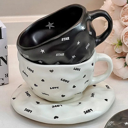 240ml Irregular Ceramic Coffee Cup and Saucer High Appearance Level Afternoon Teacup Office Home Milk Cup Water Cups for Couples.