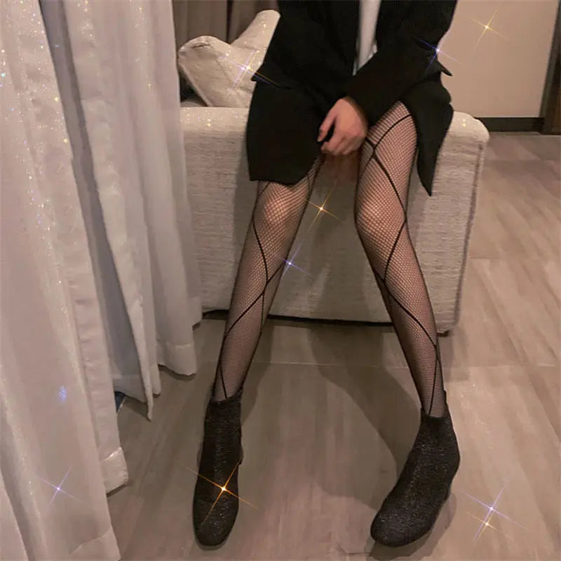 Women Sexy Patterned Fishnet Geometric patterns Pantyhose Slim Legs Long Mesh Tights Ladies Transparent Retro Fish Net Leggings