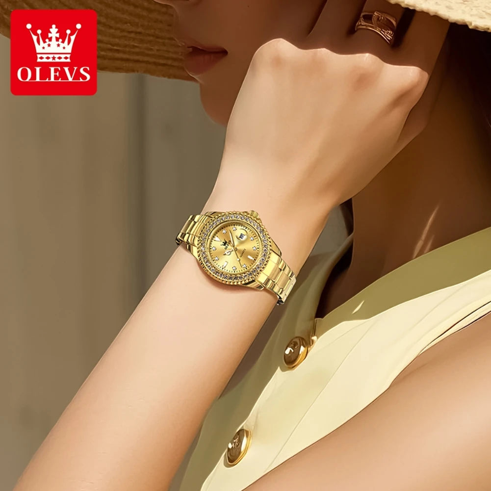 OLEVS 9945 Women Brand Original Quartz Watch Luxury Diamond Automatic Calendar Watch Waterproof Gold Elegant Women Watch Reloj.