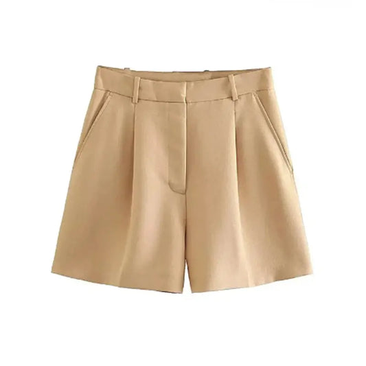 Mooyufon Women Fashion Side Pockets Front Darts Bermuda Shorts Vintage High Waist Zipper Fly Female Short Pants Mujer.