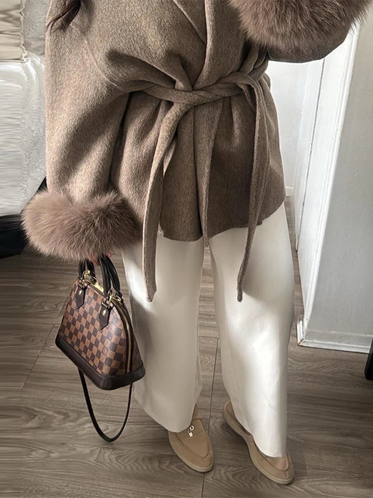 2025 Chic Revers Plüsch Mantel Mit Gürtel Frauen Vintage Feste Faux Pelz Hülse Tweed Offene Mäntel Weibliche Herbst Casual Straße outwear