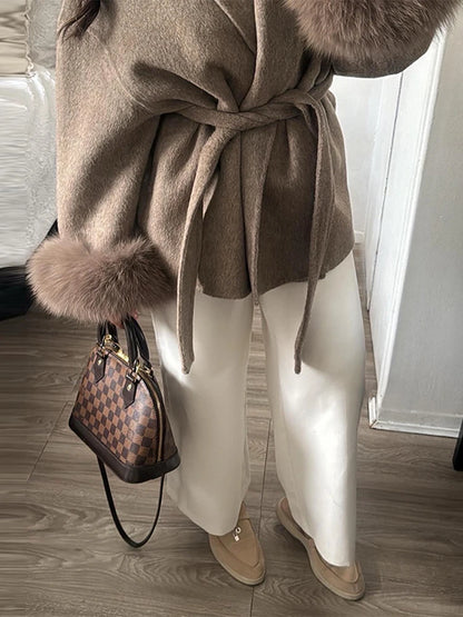 2025 Chic Revers Plüsch Mantel Mit Gürtel Frauen Vintage Feste Faux Pelz Hülse Tweed Offene Mäntel Weibliche Herbst Casual Straße outwear