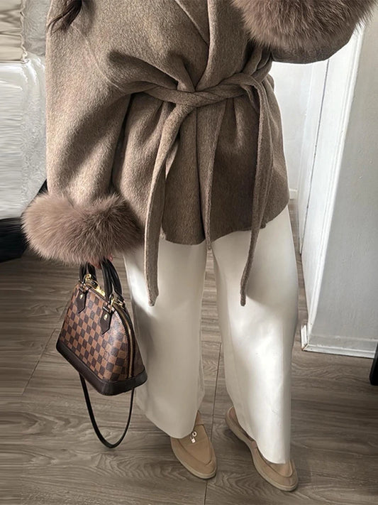 2025 Chic Revers Plüsch Mantel Mit Gürtel Frauen Vintage Feste Faux Pelz Hülse Tweed Offene Mäntel Weibliche Herbst Casual Straße outwear