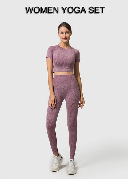 WAREBALL Seamless Yoga Set Women Workout Gym Clothes Fitness Short Sleeve Crop Top Shirt High Waist Leggings Pants Sports Suits.