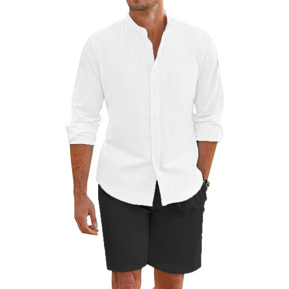 2 pcs Sets Men's Summer Cotton Linen Shirt and Shorts Cardigan Simple Casual Beach Shirts Comfortable Hawaii Wear.