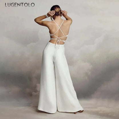 Women Sexy Jumpsuits Backless V-neck Spaghetti Strap Lace-up New Summer Sleeveless Elegant Street Wide-leg Pants Long Rompers.