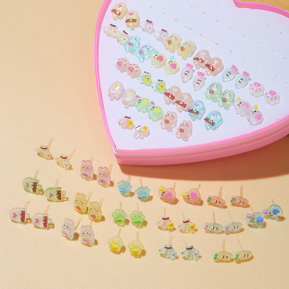 Multicolor 36Pairs Cartoon Hypoallergenic Plastic Stud Earrings Set For Women Girl Cute Animal Flower Ear Wedding Gifts Jewelry.