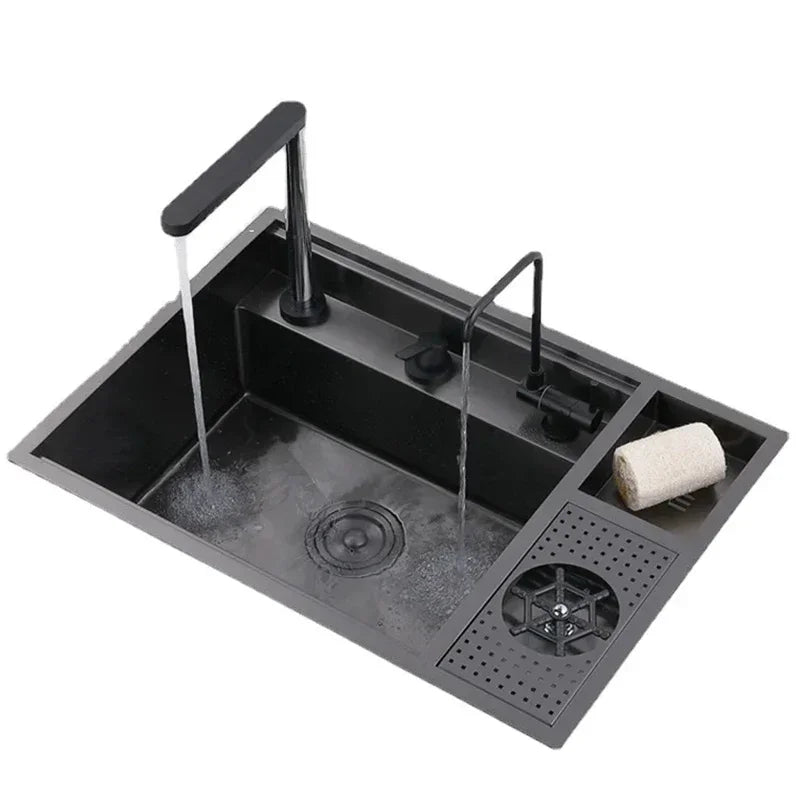 Black Concealed Kitchen Sink with Lid Stainless Steel Multifunctional Bar Built-In Vegetable Sink with Cup Wash Middle Downspout