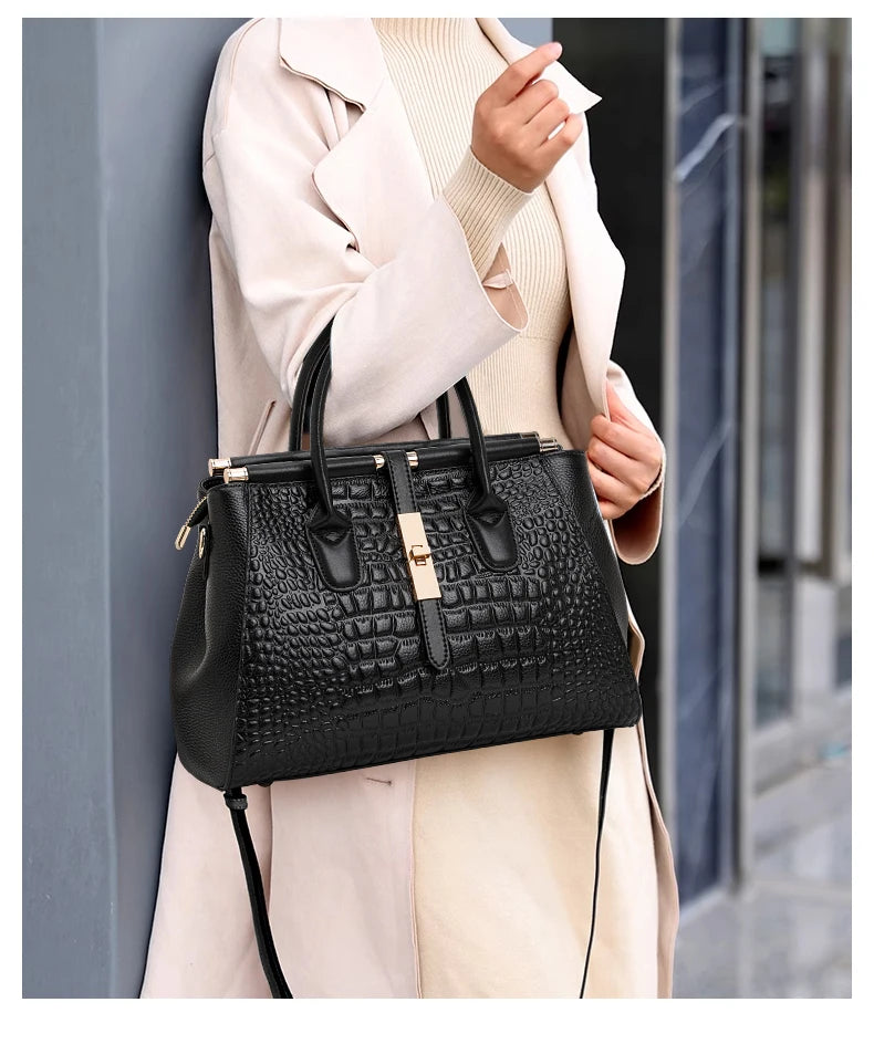 Aidrani Genuine leather women's handbag, fashion crocodile pattern design, high-end luxury cowhide bag large capacity.