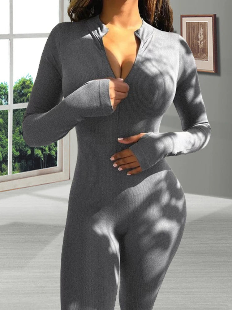 Woman Fall Tight Long Sleeved Zipped Slim-fitting Long Romper Female High Waist Solid Color Ribbed Sports Sexy Hot Girl Jumpsuit.