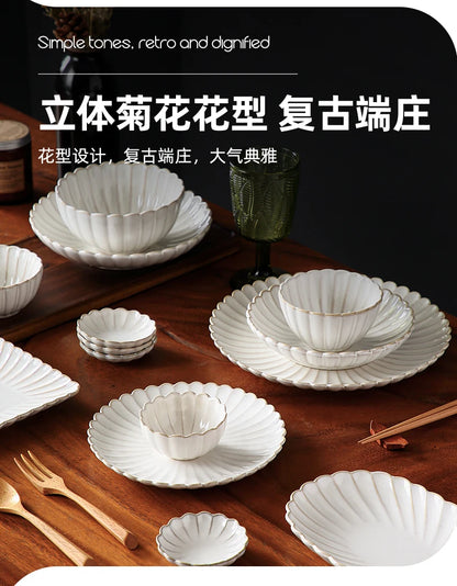 Nordic Household White Bowls Dinner Plates Ceramic White Glaze Tableware Set Western Steak Dish Salad Bowl Vegetable Fish Plate.