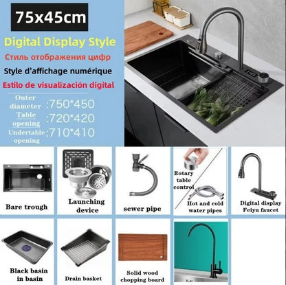 Wasserfall-Küchenspüle aus Edelstahl 304, Zughahn, Einzelschlitz, Hochdruckbecher, Waschmaschine, Café, Weinbar, Waschbecken