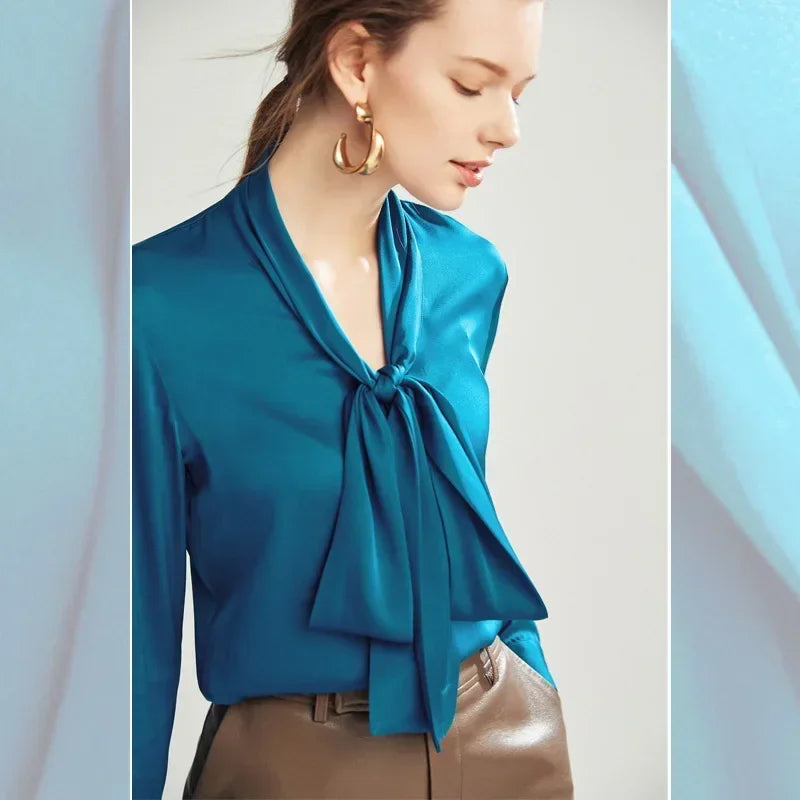 Silk Shirt Women's Thick Temperament Streamer 2025 Spring and Summer New Mulberry Silk Lace-up Design Shirt Long-sleeved Top