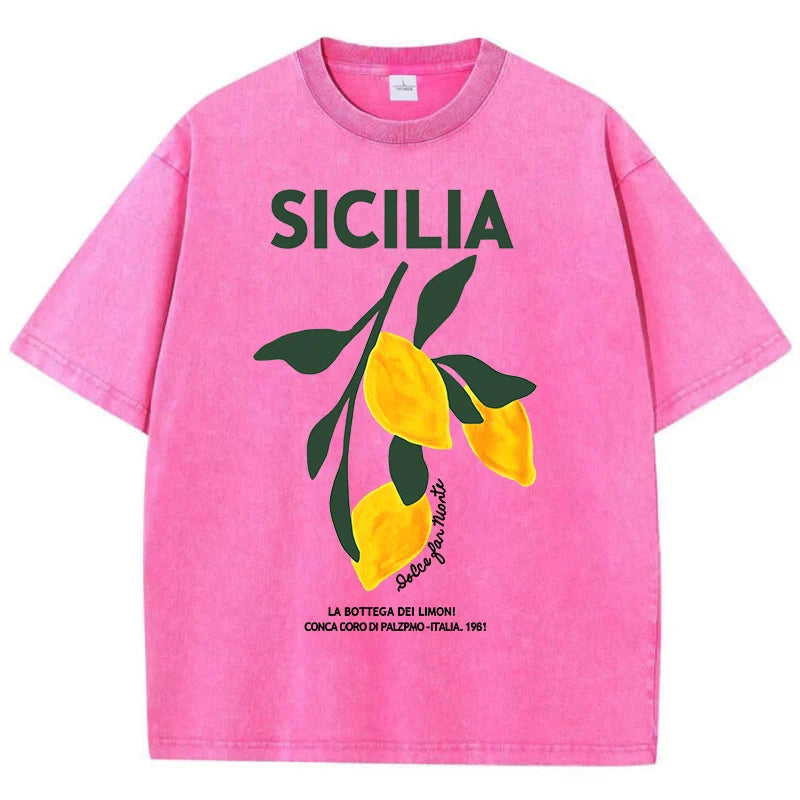 Amalfi Coast Italia Lemon Fruit Design Women Washed T-Shirts Y2K Casual T Shirt Summer Hip Hop Top Cotton Loose Short Sleeve.