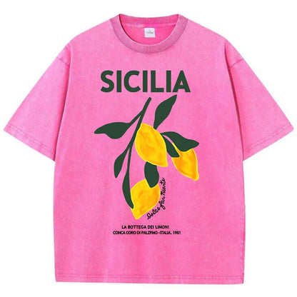 Amalfi Coast Italia Lemon Fruit Design Women Washed T-Shirts Y2K Casual T Shirt Summer Hip Hop Top Cotton Loose Short Sleeve.