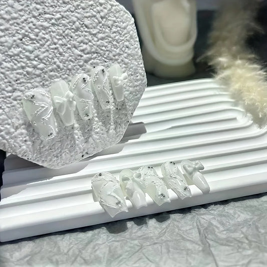 Ribbon Pearl Handmade Wearable Nail Elegant White Swan Hand-painted Embossed Nail Art White Wearable False Nails Students Gift.