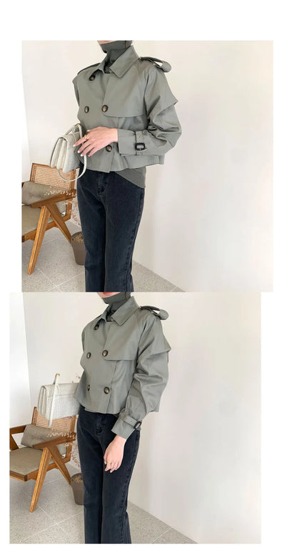 Vintage Zweireiher Graben Jacken Frauen Lose Chic Büro Dame Crop Tops Herbst Weibliche Mäntel Alle-spiel Lose Windjacke
