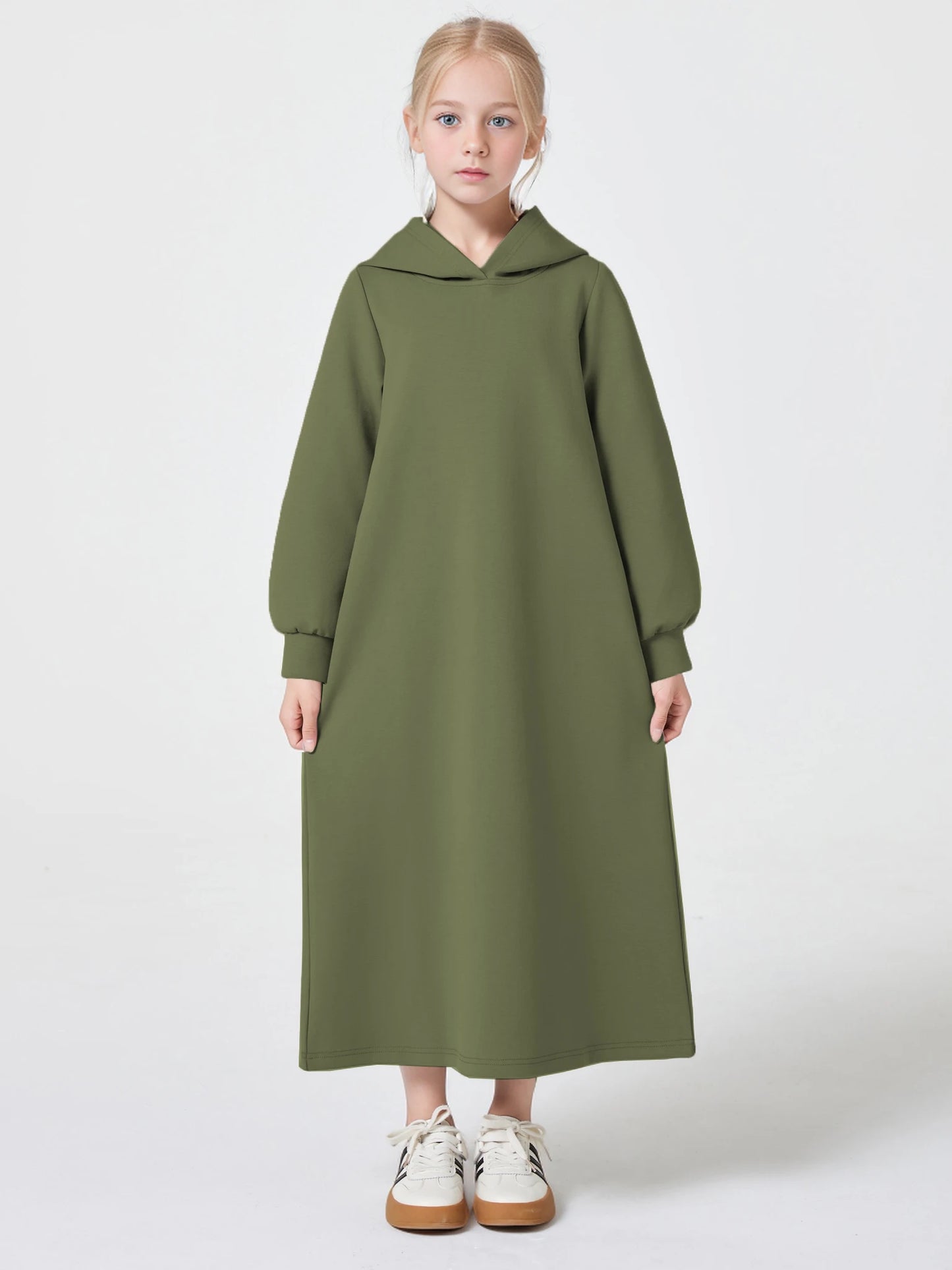 Ramadan kebaya Muslim Girls Abaya Middle East Autumn and winter solid color warm hoodie V-neck Hooded Loose Kids Kebaya Dress.