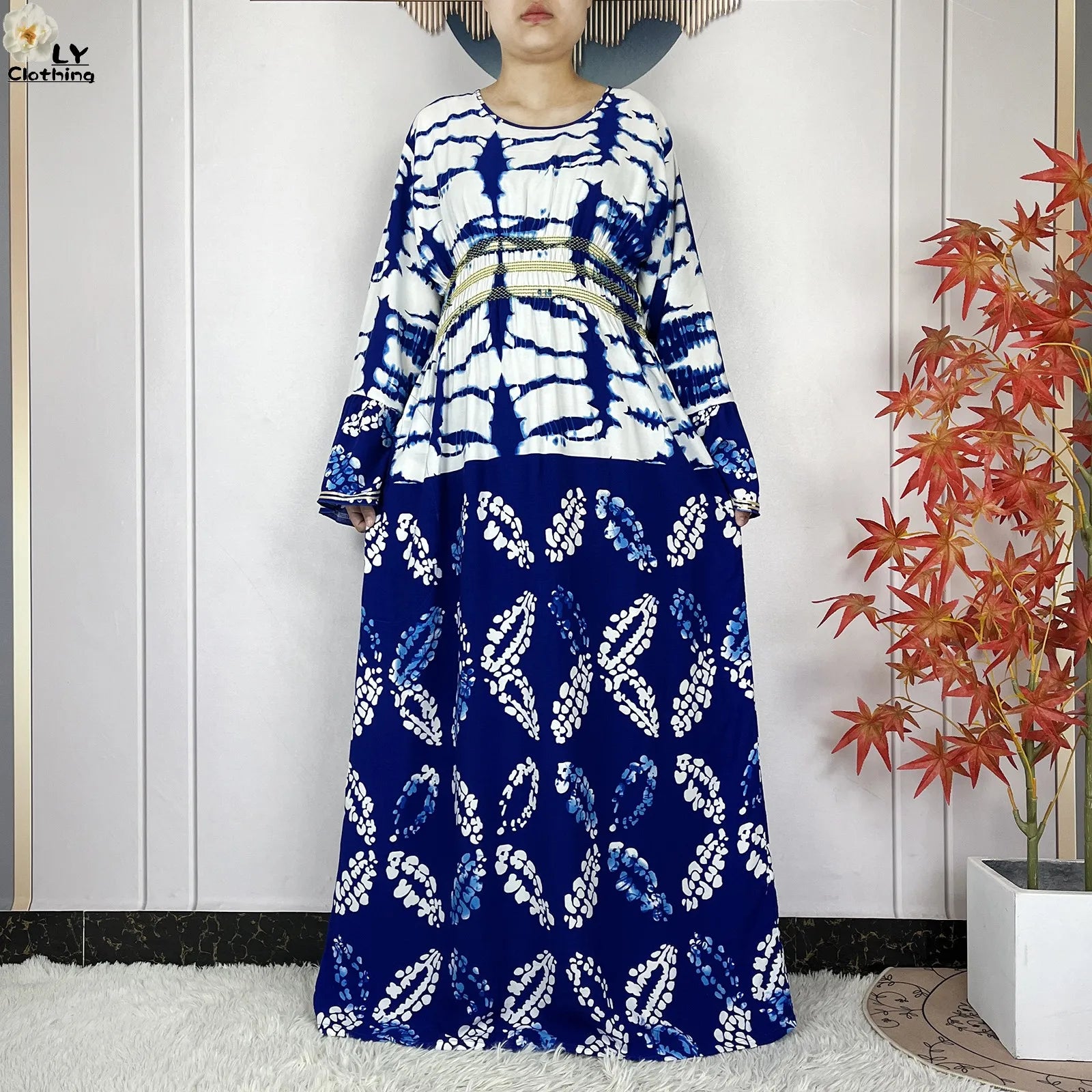 New Women Party Dress Dubai Muslim Summer Cotton Long Sleeve Collect Waist Boubou Maxi Islam Women Elegant Dress African Abaya.