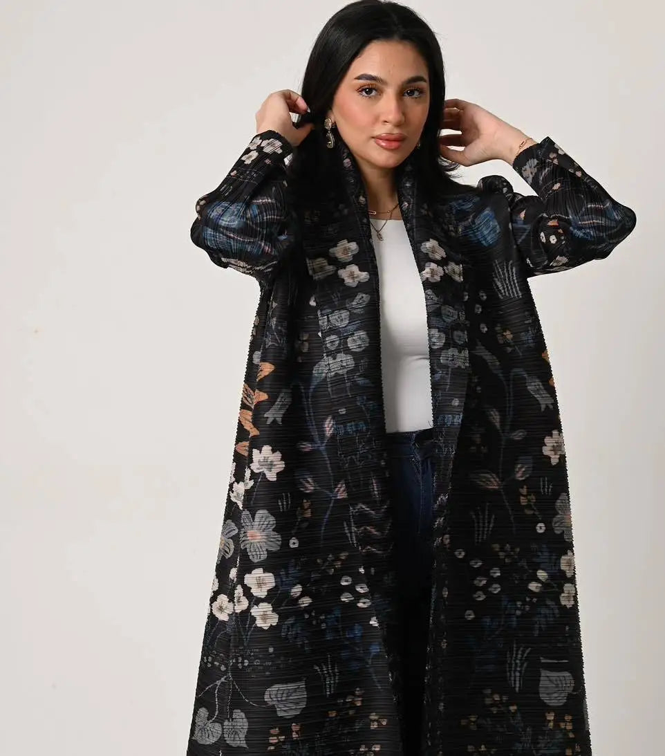 Abaya Miyake Pleated Printed Robe Jacket Arabian Dubai Style Women's Long Sleeve Conservative Demure Muslim Trench Coat 55inches.