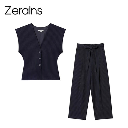 ZERAINS Autumn women's sleeveless V-neck short vest loose fit with waistband pleated high waisted pants set.