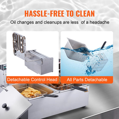 SucceBuy 12L 3000W Commercial Electric Deep Fryer w/Dual Tanks  Stainless Steel Countertop Fryer for Fried Chicken French Fries.