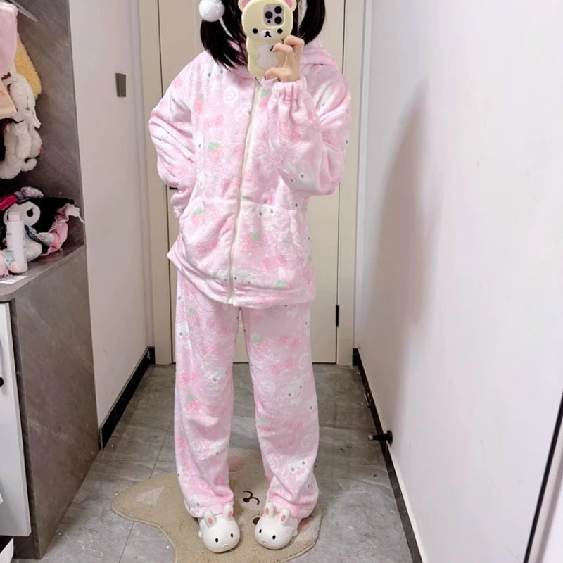 Japanese New Winter Sweet Cute Cartoon Rabbit Flannel Pajamas Set Daughter Girls Pink Thickened Loungewear Women's Sleepwear.